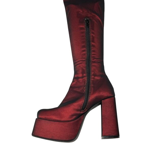 Red Satin Thigh-High Platform Boots Current Mood Womens Size 9M Side Closure Ov - Picture 9 of 16